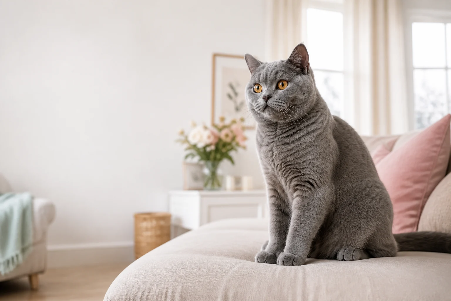 British Shorthair gris en un salón luminoso de tonos suaves