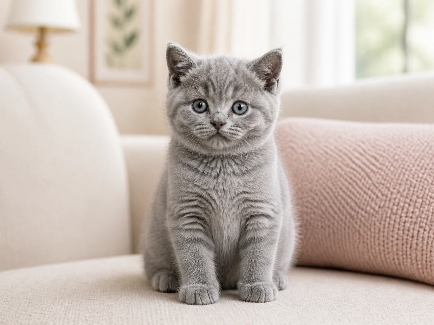 Cachorro British Shorthair azul sentado en un interior luminoso