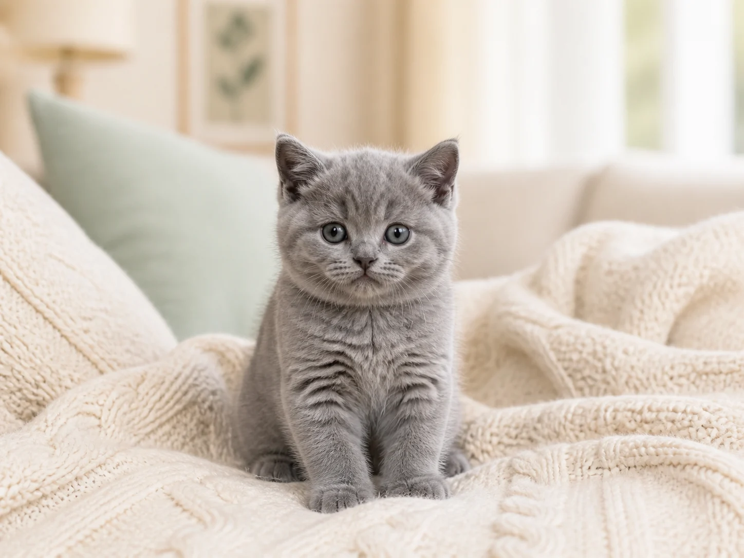 Cachorro British Shorthair gris sobre una manta clara