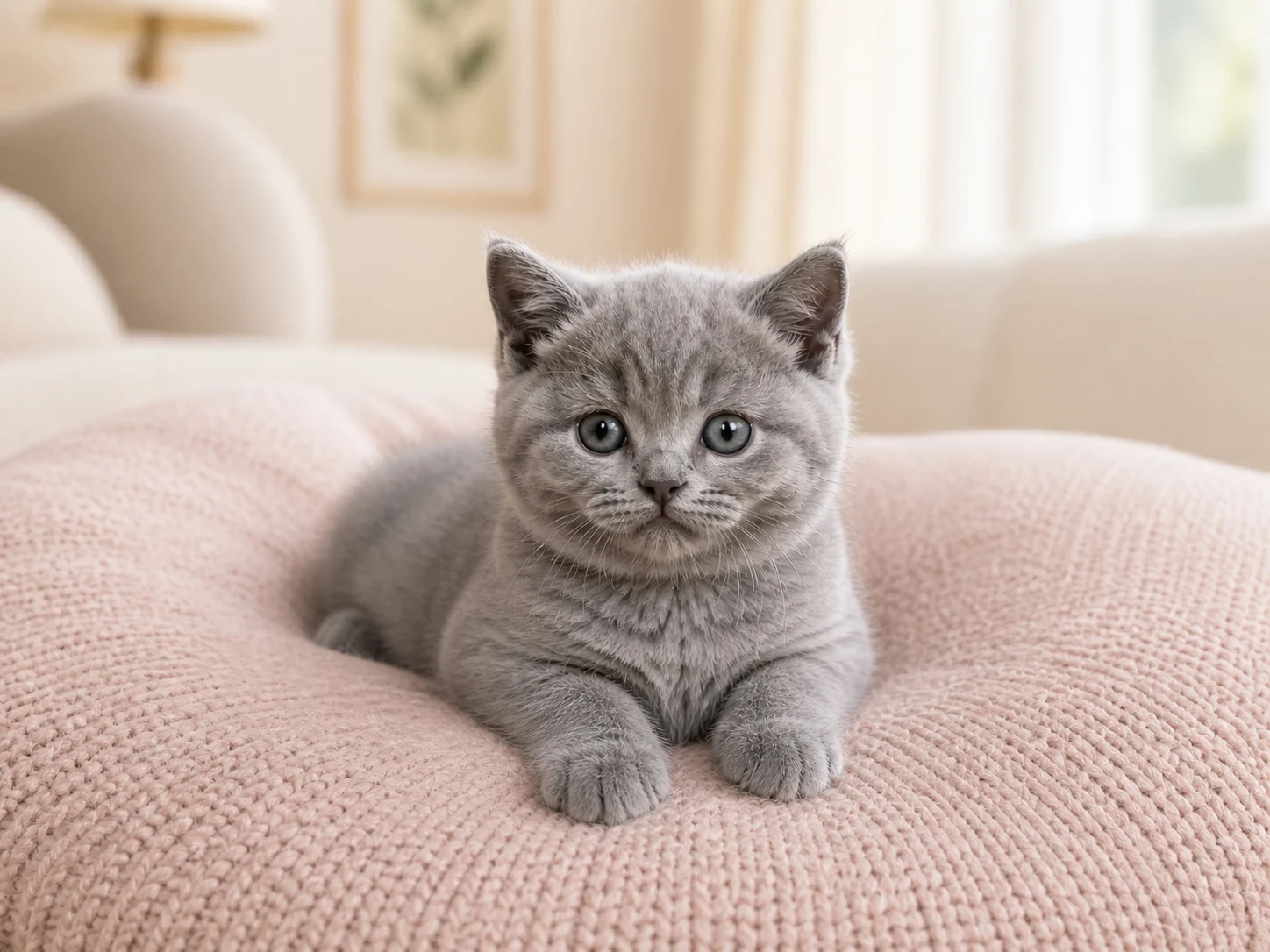 Cachorro British Shorthair crema entre tejidos rosa empolvado