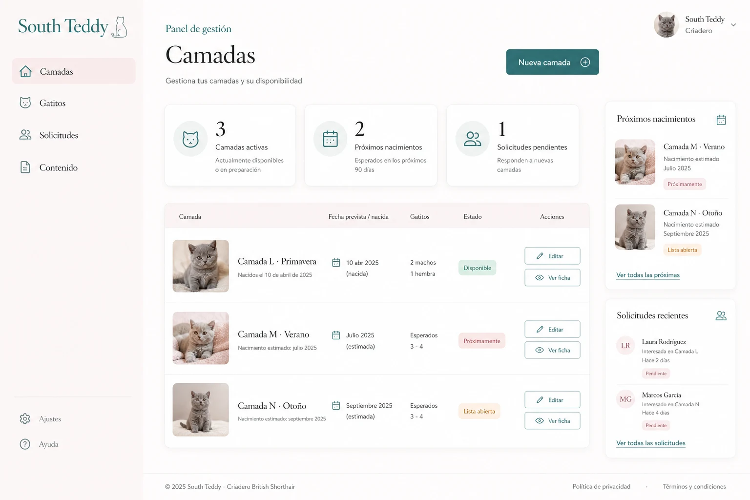 Concepto visual del panel privado para gestionar camadas y solicitudes