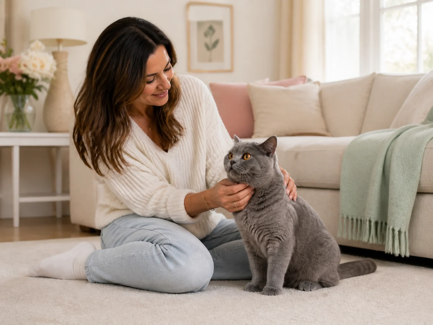 Criadora compartiendo un momento tranquilo con un British Shorthair en casa